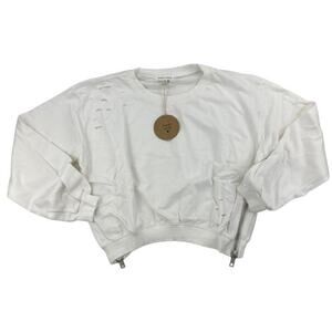 Honey Punch - Distressed Crop Sweatshirt with Zip Sides in Off White